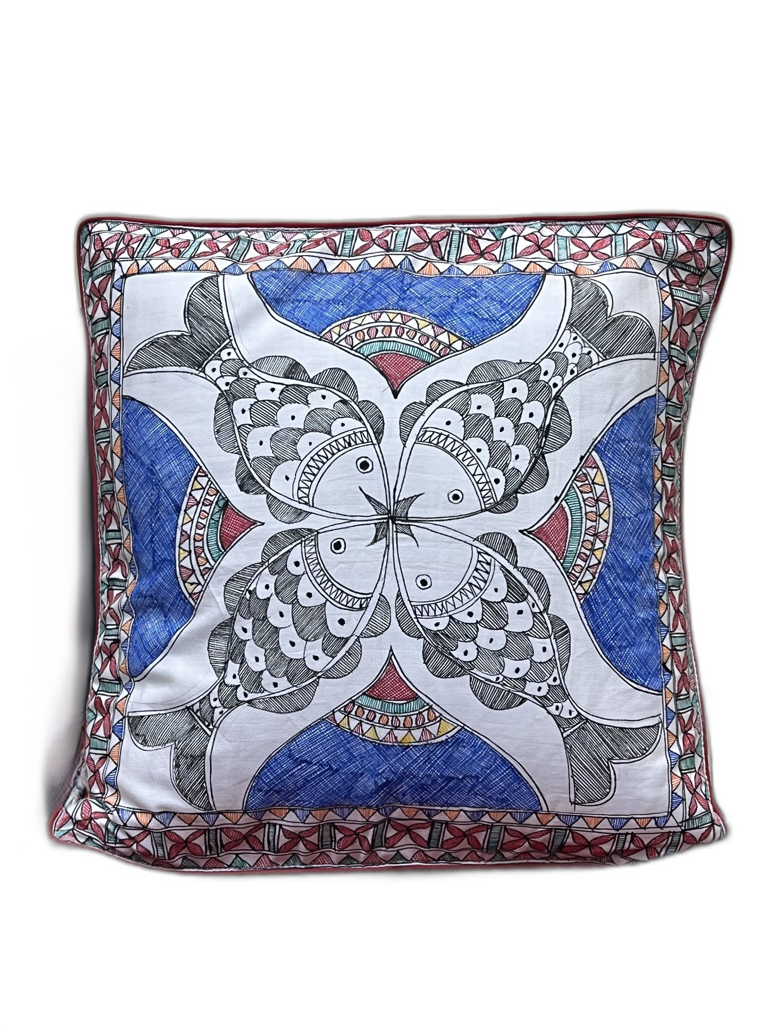 HAND-PAINTED MADHUBANI CUSHION COVER WITH FOUR FISH PATTERN